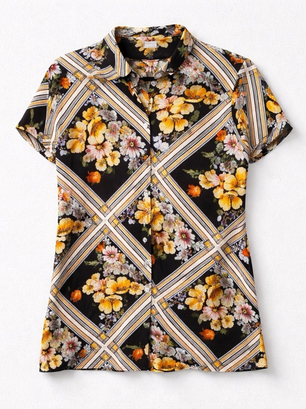 Black Floral Short-Sleeve Button Front Vintage Blouse